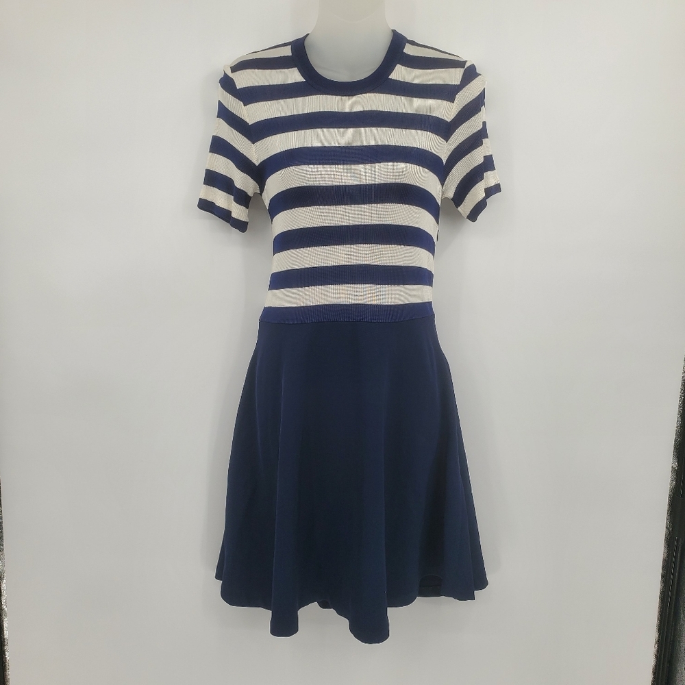 ♡ Sandro Paris Navy and White Striped A-Line Dress Size Small